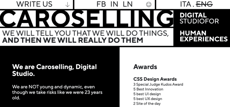 Screenshot von der Caroselling-Website. Klare Schwarz-Weiß-Bereiche mit minimaler Ikonographie und Text bilden die schlichte Homepage