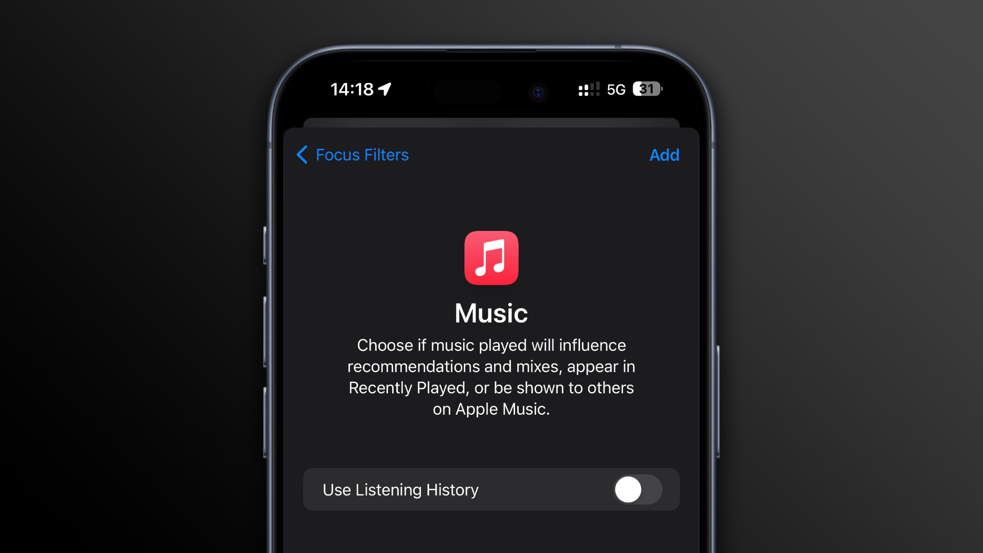 Die Einstellungen-App des iPhones zeigt einen Fokusmodus-Filter an, der Apple Music-Empfehlungen pausiert