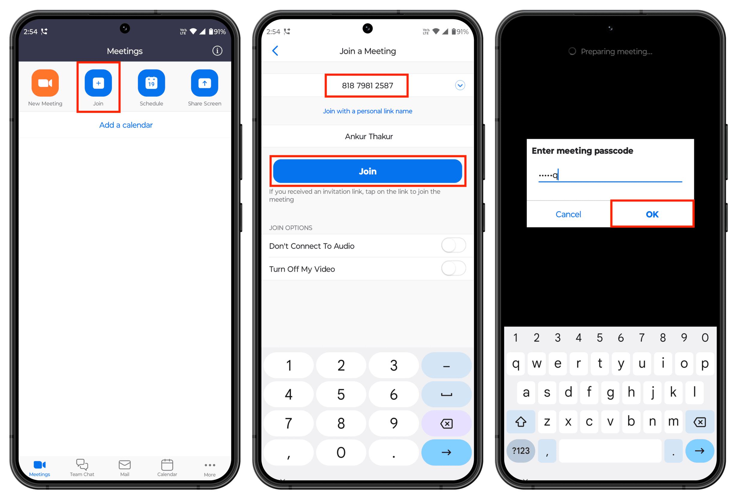 Beitritt zu einem Zoom-Meeting mit ID und Passwort auf einem Android-Telefon