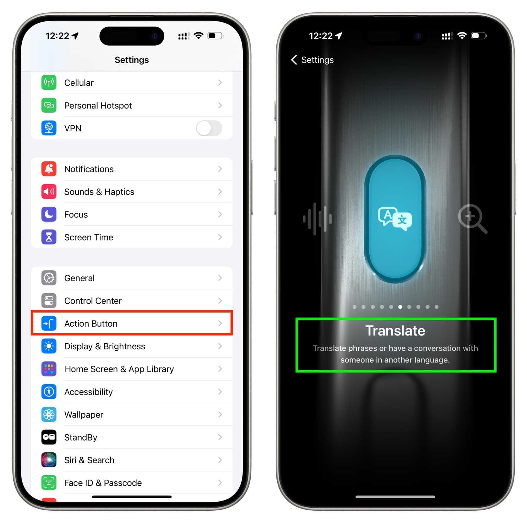 Legen Sie die Aktionsschaltfläche fest, um Sätze zu übersetzen und Gespräche zu führen