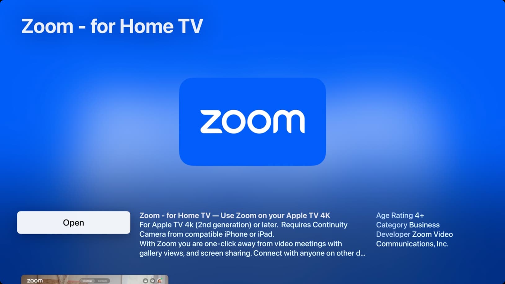 Auf Apple TV heruntergeladene Zoom-App
