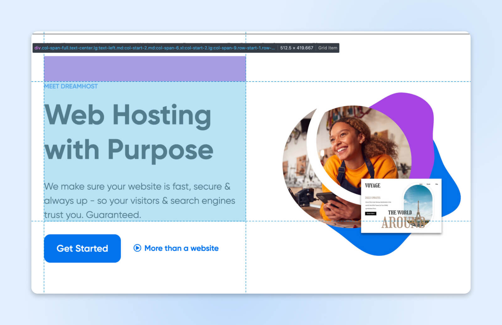 Dieselbe Dreamhost-Webseite mit verschiedenen Elementen (Bild, h1) innerhalb und überlappender Raster