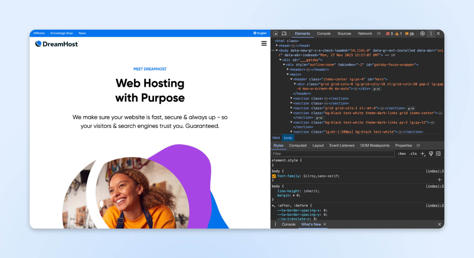 Dieselbe DreamHost-Webseite, auf der die Inspektionselementseiten im dunklen Modus angezeigt werden