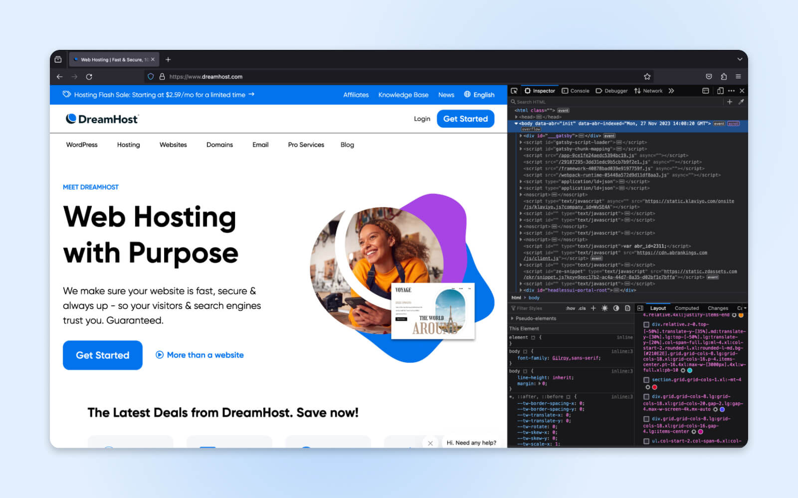 Dieselbe Dreamhost-Seite mit dem Feld „Inspect Element“ in Firefox