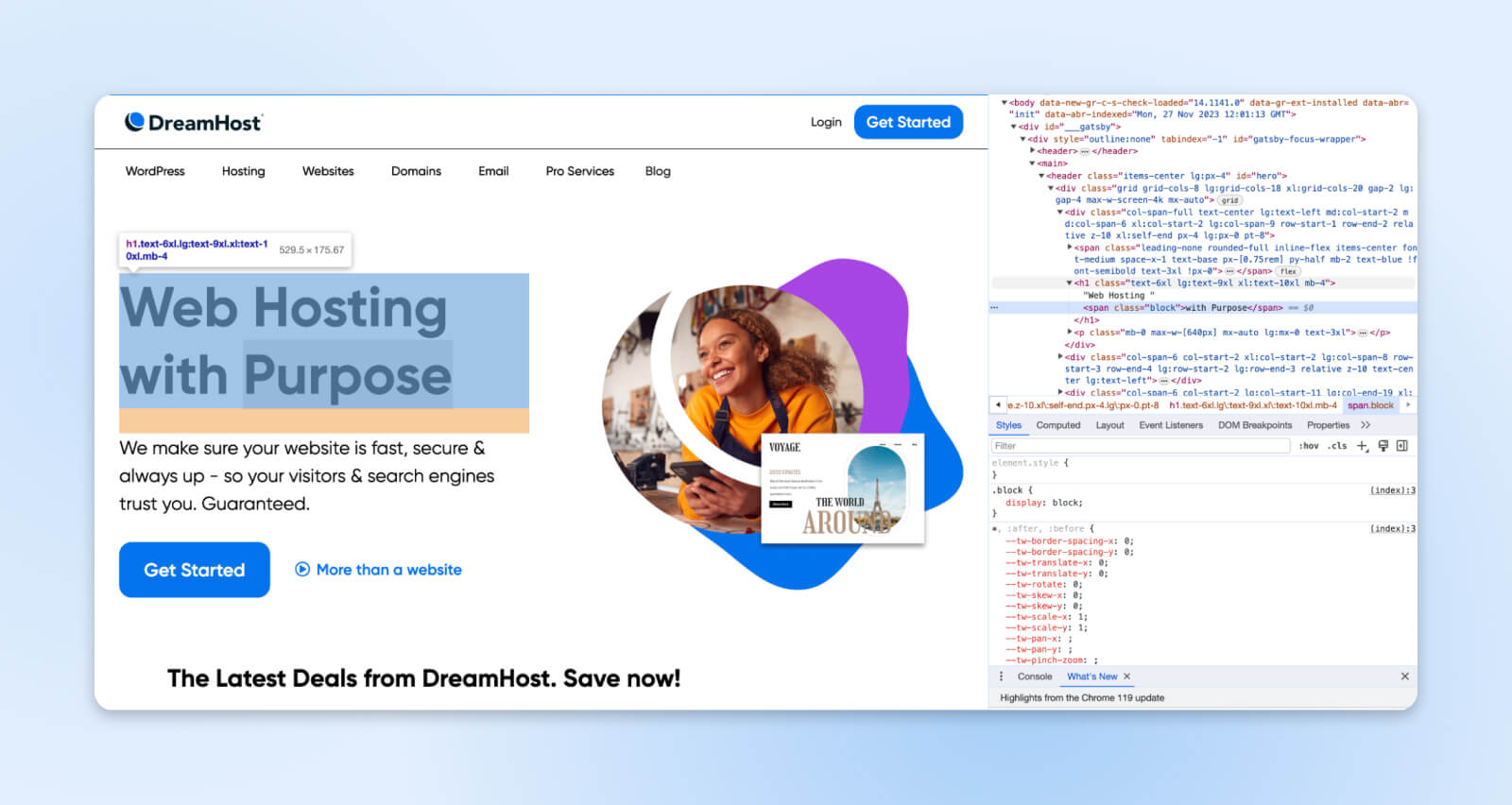 DreamHost-Webseite mit hervorgehobenem h1 und dem entsprechenden Code rechts im Prüftool
