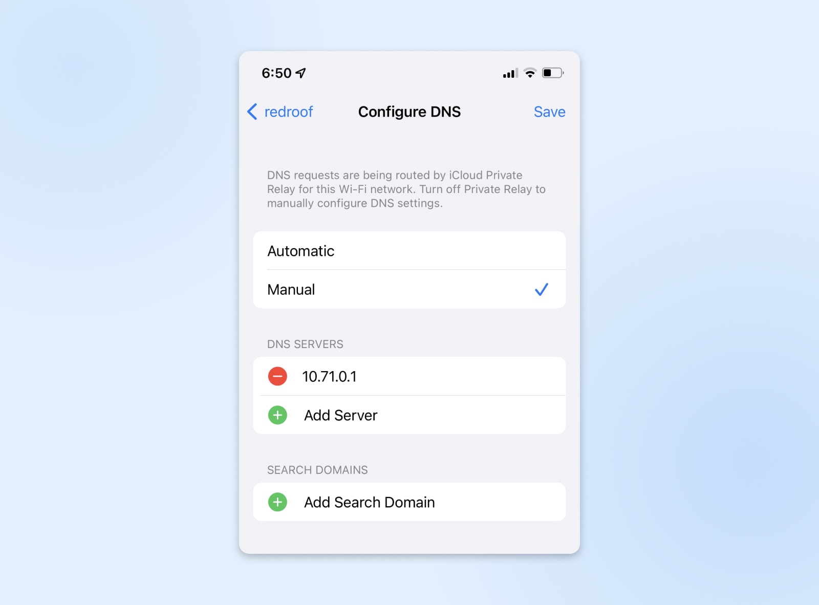 Screenshot eines Bildschirms zum Konfigurieren der DNS-Einstellungen eines iOS-Mobiltelefons