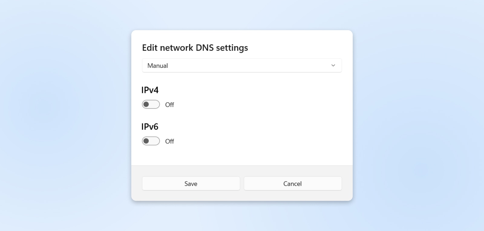 Screenshot der Windows-DNS-Einstellungsoptionen zum Ein- und Ausschalten von IPv4 und IPv6