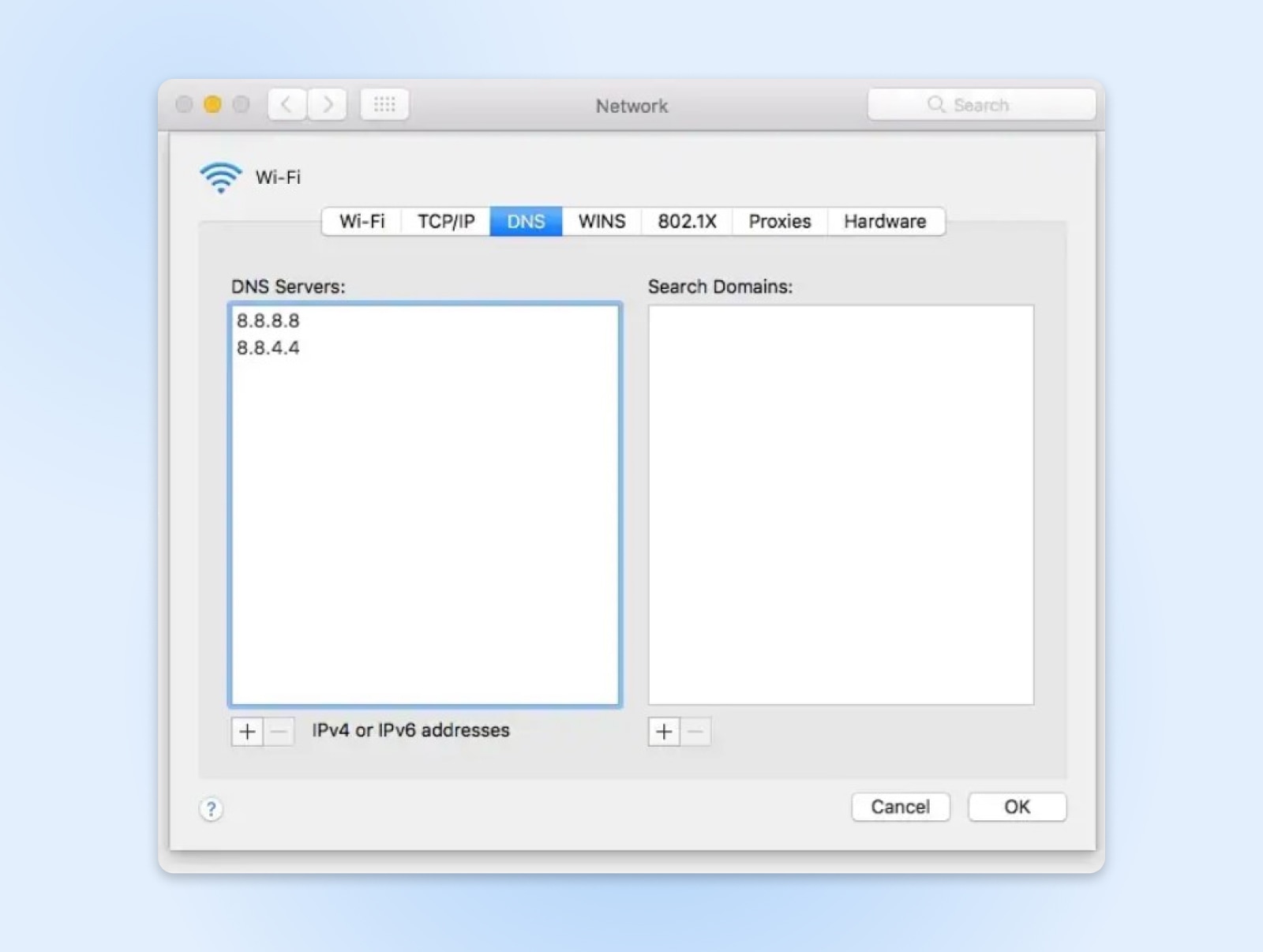 Screenshot der IPv6-Eigenschaften von Windows, der auf die Verwendung der folgenden Textfelder für DNS-Serveradressen hinweist