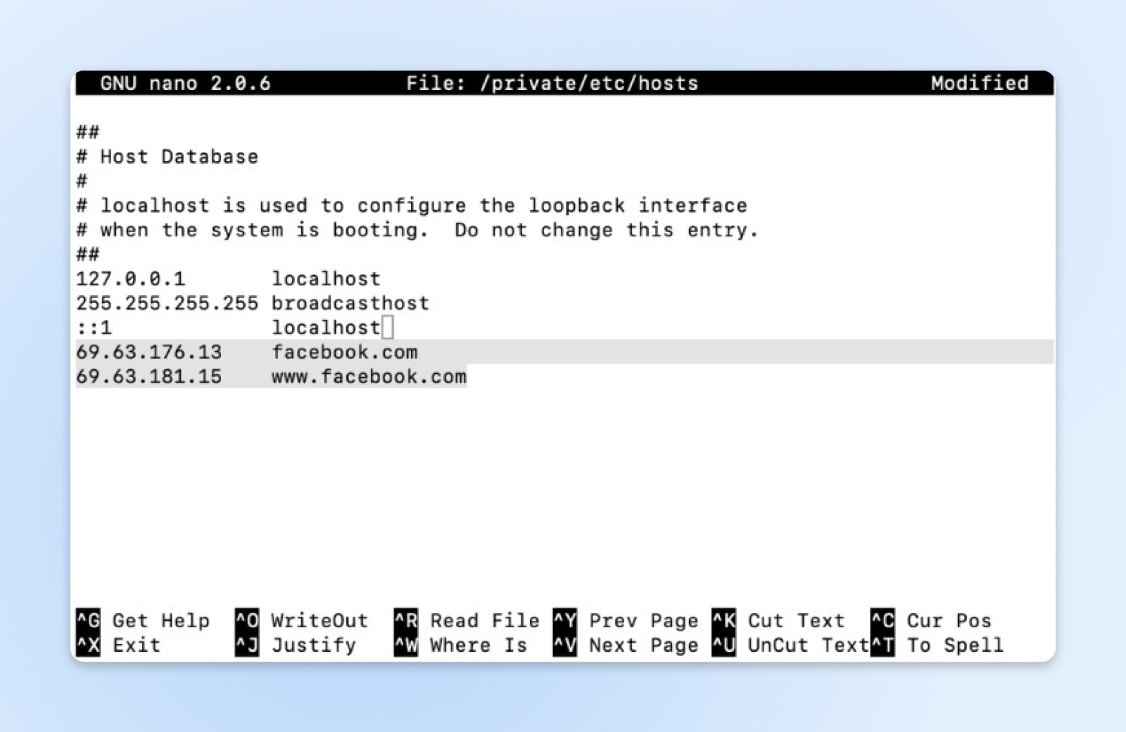 Screenshot der Datei private/etc/hosts auf dem Mac