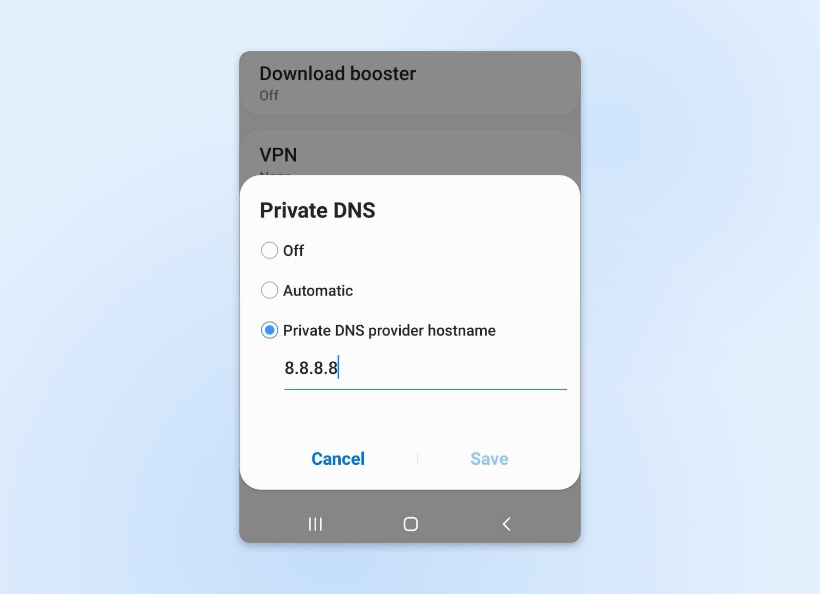 Screenshot eines privaten DNS-Einstellungsbildschirms für Android