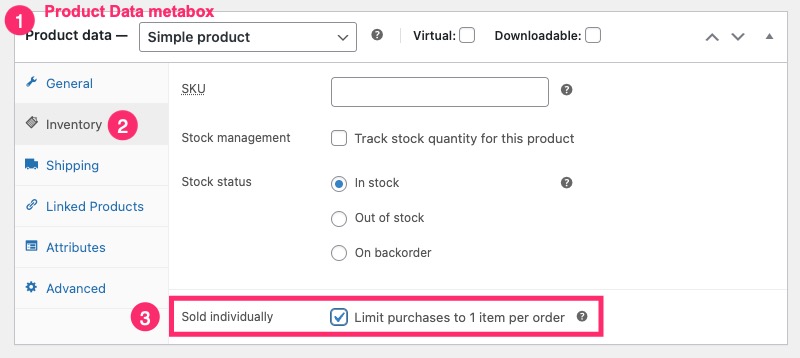 WooCommerce-Inventar, Käufe auf 1 Artikel pro Bestellung beschränken