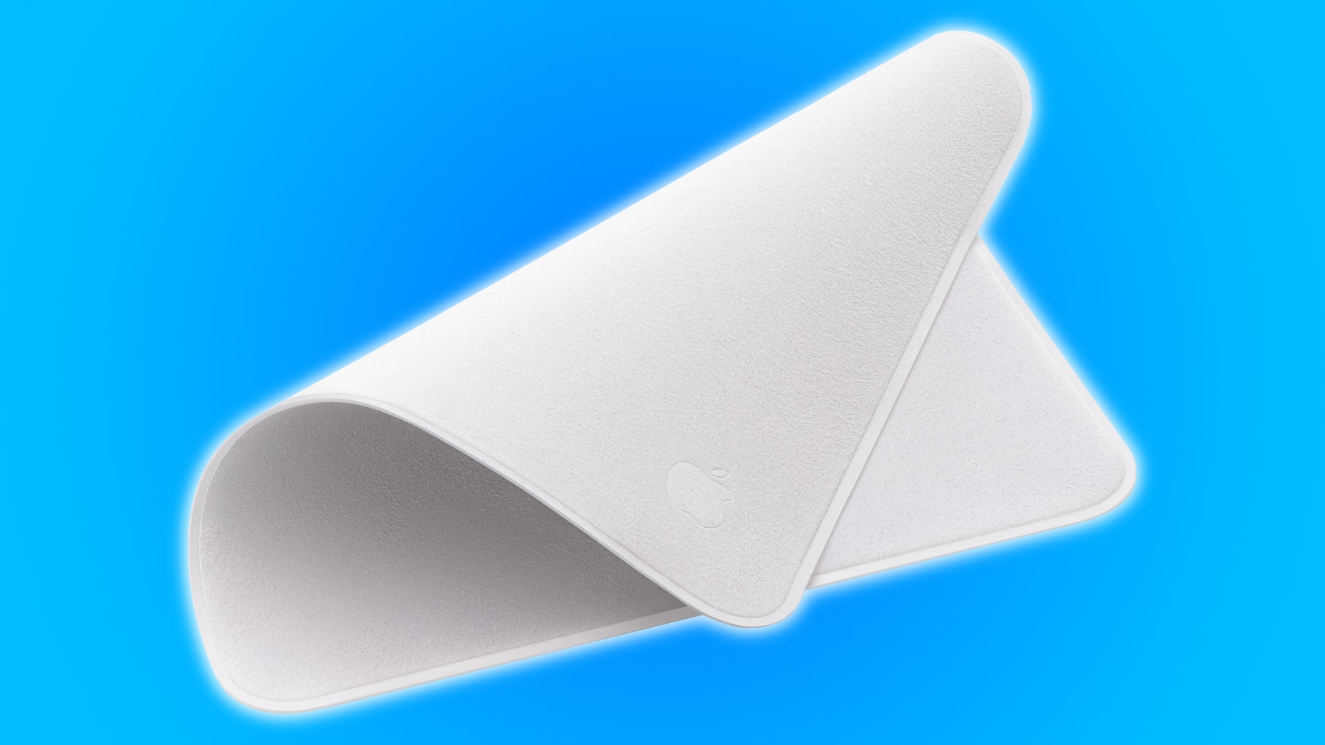 Apple-Poliertuch vor einem hellblauen Hintergrund mit Farbverlauf