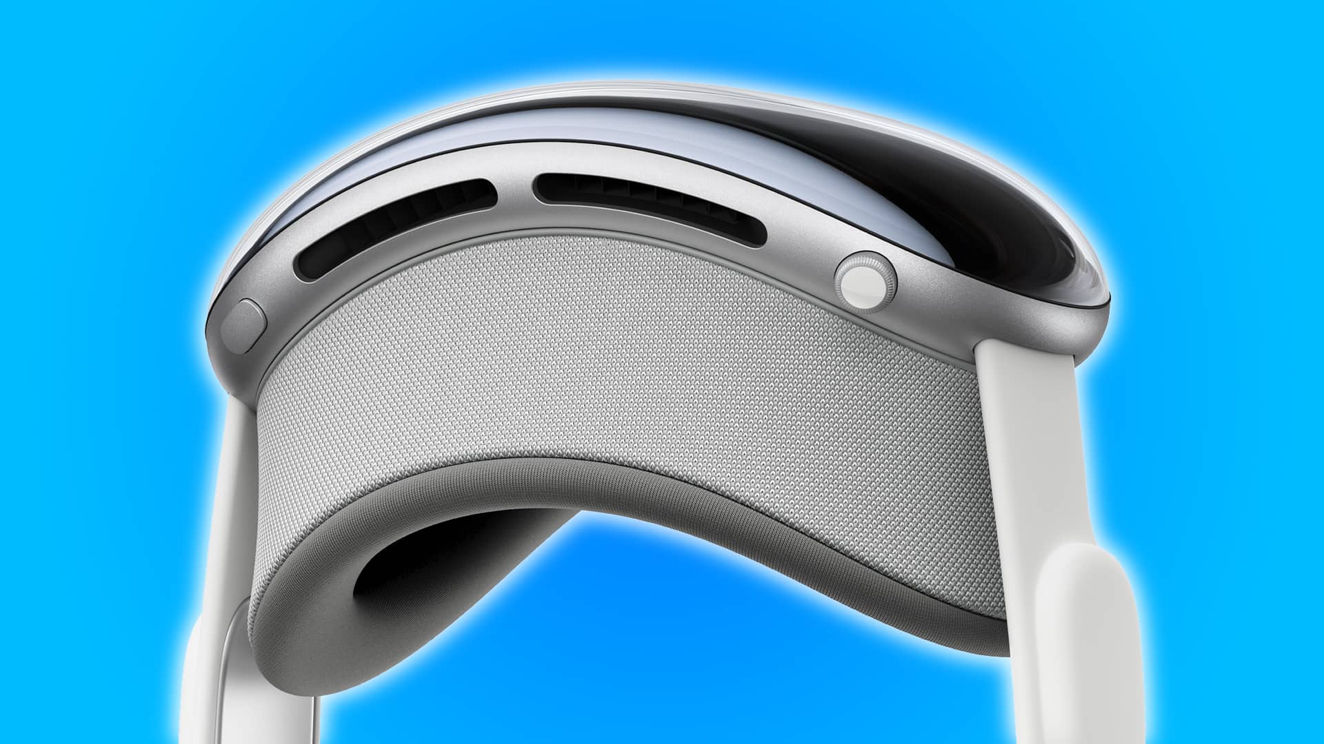 Apple Vision Pro mit angebrachtem Lichtsiegel vor einem hellblauen Hintergrund mit Farbverlauf