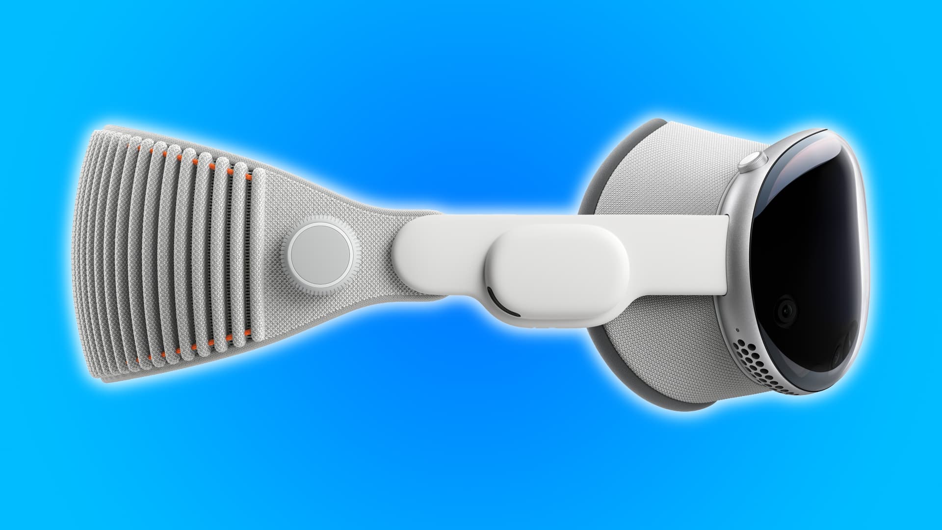 Die linke Seite des Apple Vision Pro mit Solo Knit Band vor einem hellblauen Hintergrund mit Farbverlauf