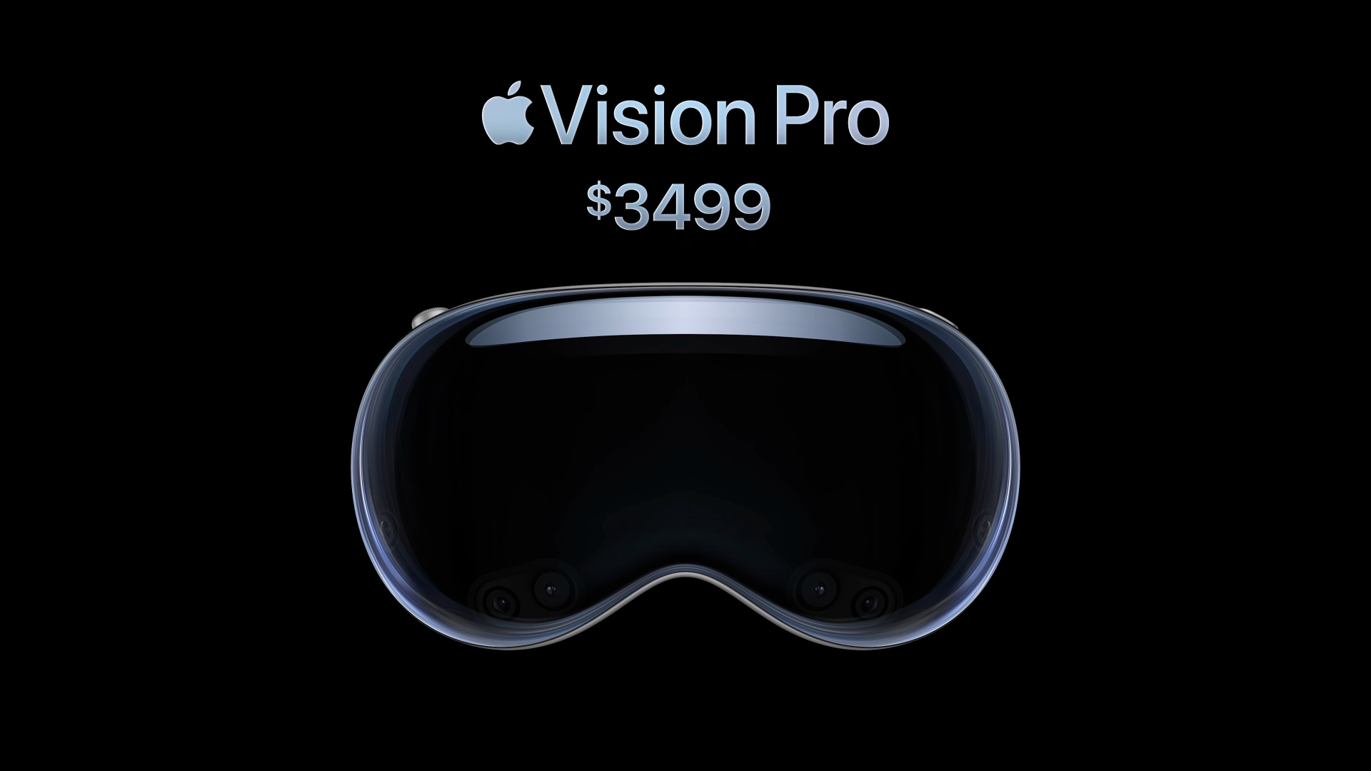Vision Pro-Headset mit Namen und Preis vor einem einfarbig dunklen Hintergrund