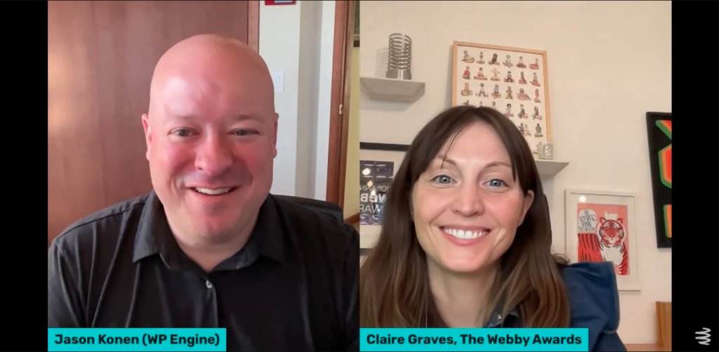 Jason Konen von WP Engine und Claire Graves von The Webby Awards diskutieren über moderne Anwendungen von KI und wie sie sich bereits auf Entwickler und Websitebesitzer auswirkt