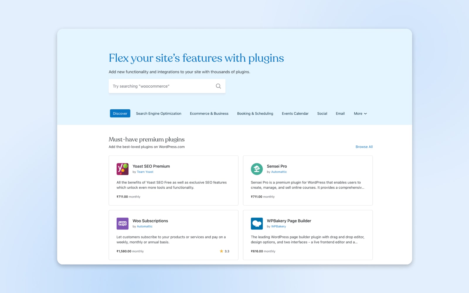 Screenshot der Plugin-Optionen mit Yoast SEO Premium, Sensei Pro, Woo Subscriptions und WPBakery Page Builder