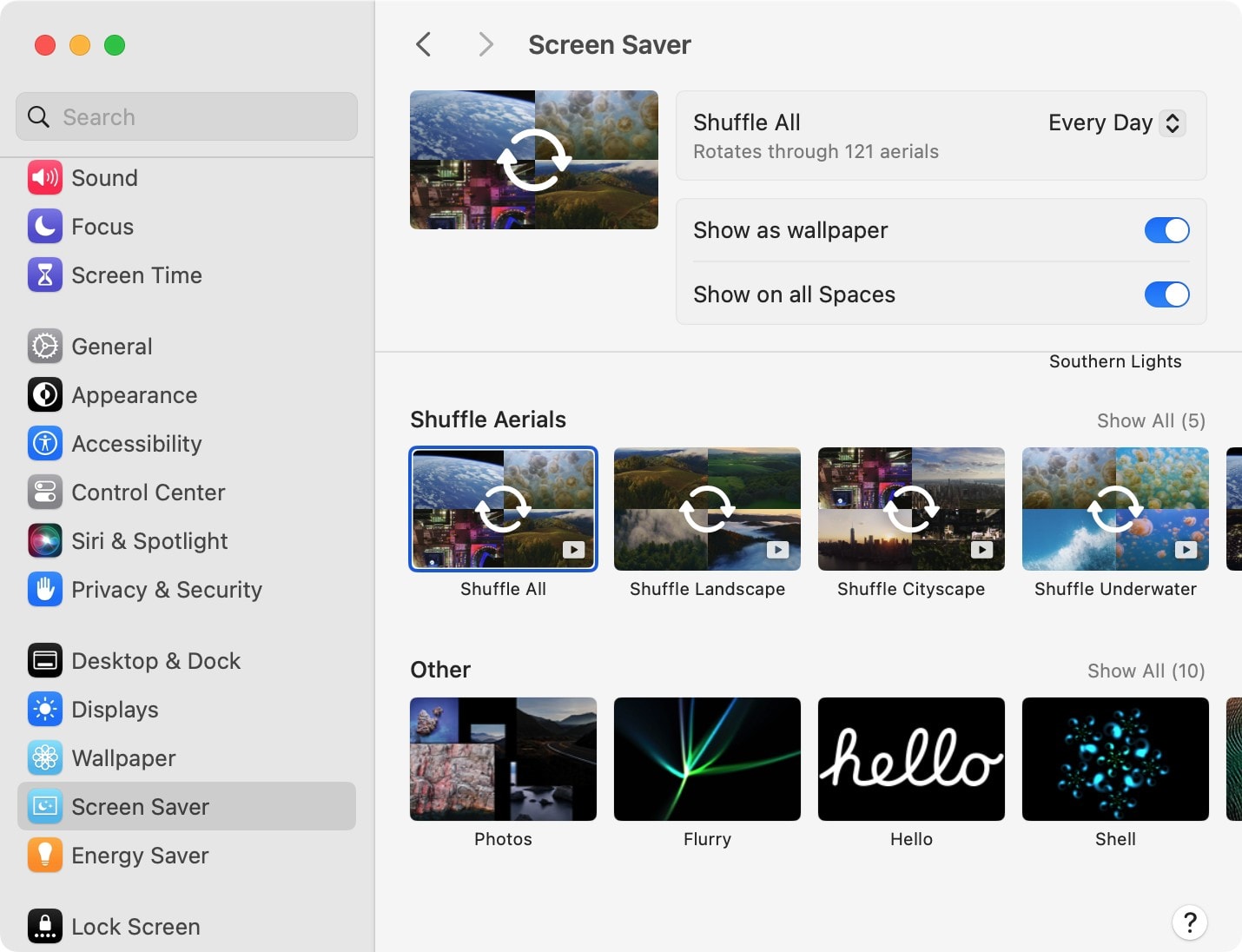 Einstellungen für den Bildschirmschoner aus der Luft