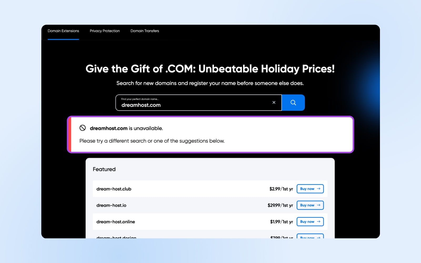 Screenshot des Domain-Checkers von Dreamhost mit einer Beispielsuche nach