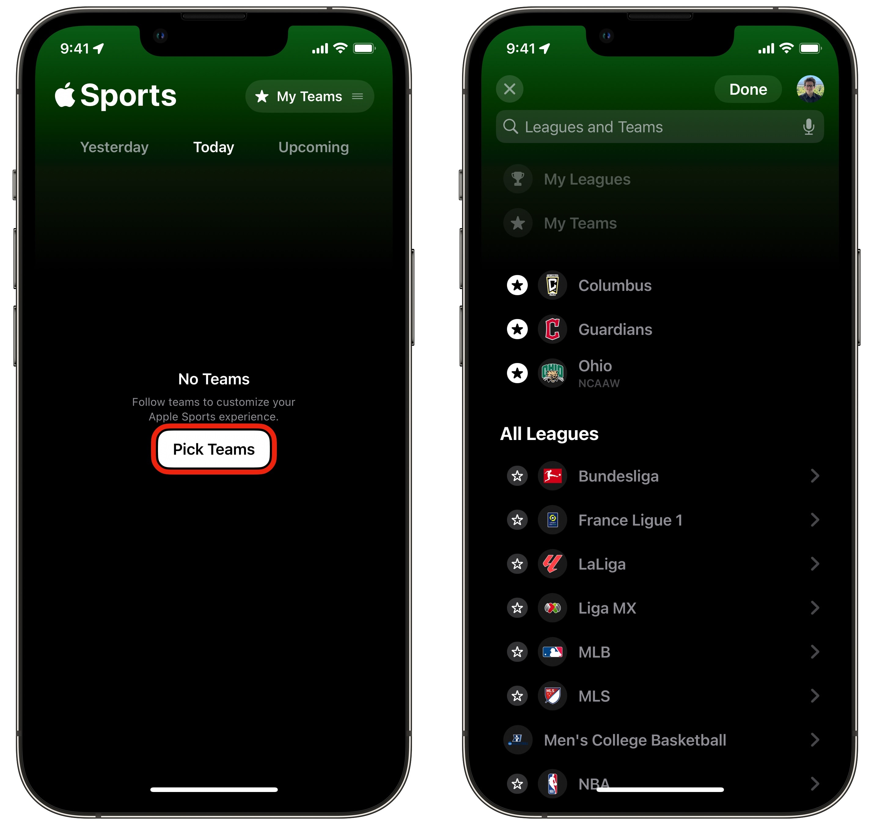 Sportergebnisse Wählen Sie Teams in Apple Sports aus