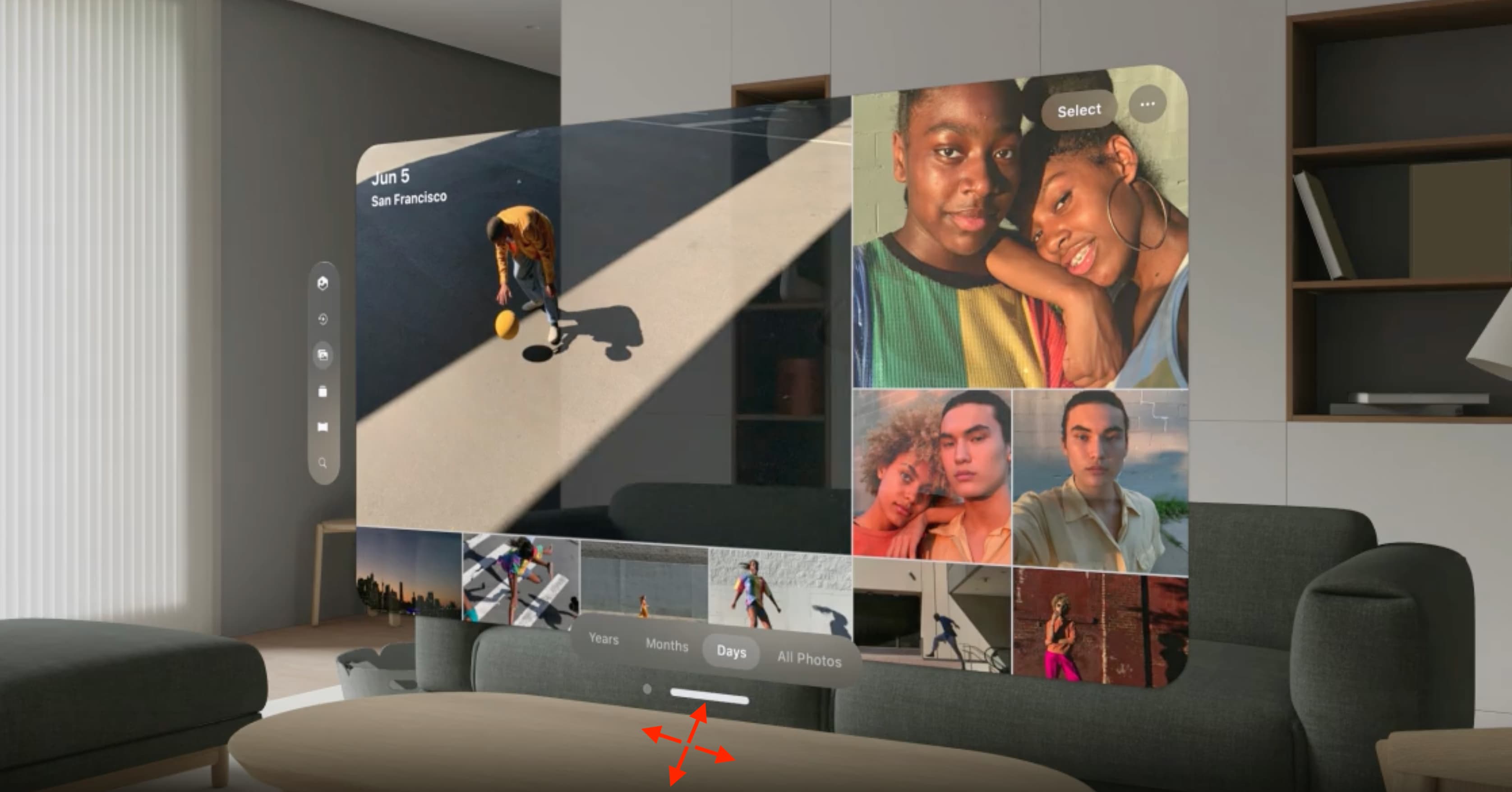 Drücken und halten Sie die Fensterleiste, um das App-Fenster auf Vision Pro zu verschieben