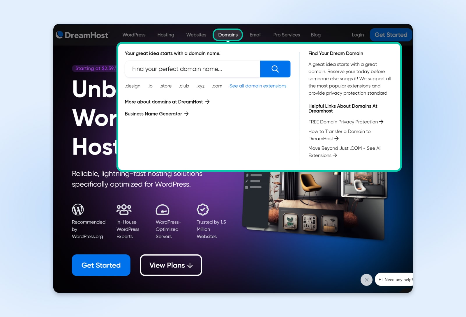 Beispiel für ein Dropdown-Menü mit klarer Navigation, das zusätzliche Kategorien und auch hilfreiche Inhalte bietet, auf die man zugreifen kann, um mehr über Domains zu erfahren