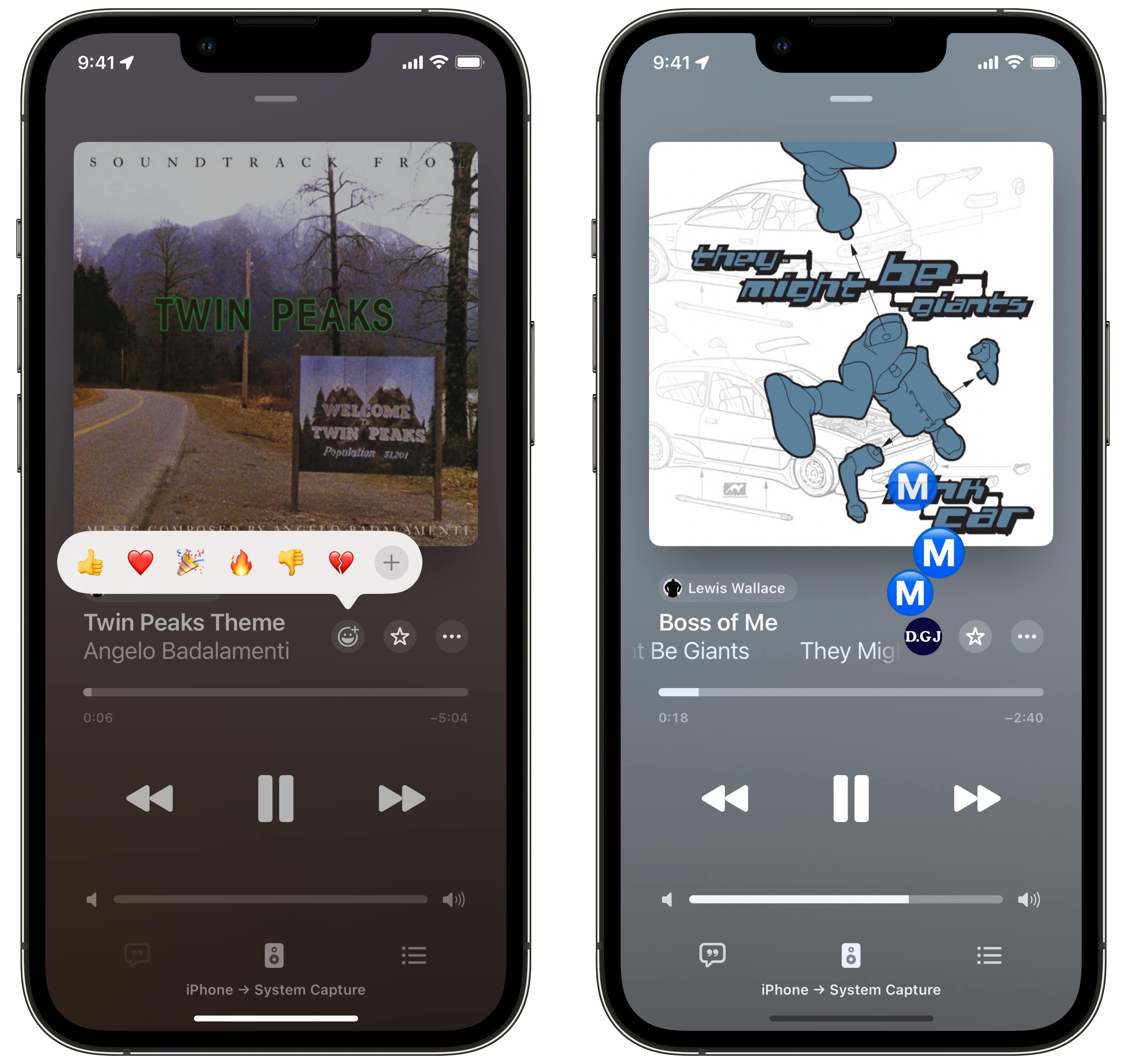 (links) Zeigt die Emoji-Auswahl (rechts) Reagiert auf einen Song mit einem blauen M-Emoji