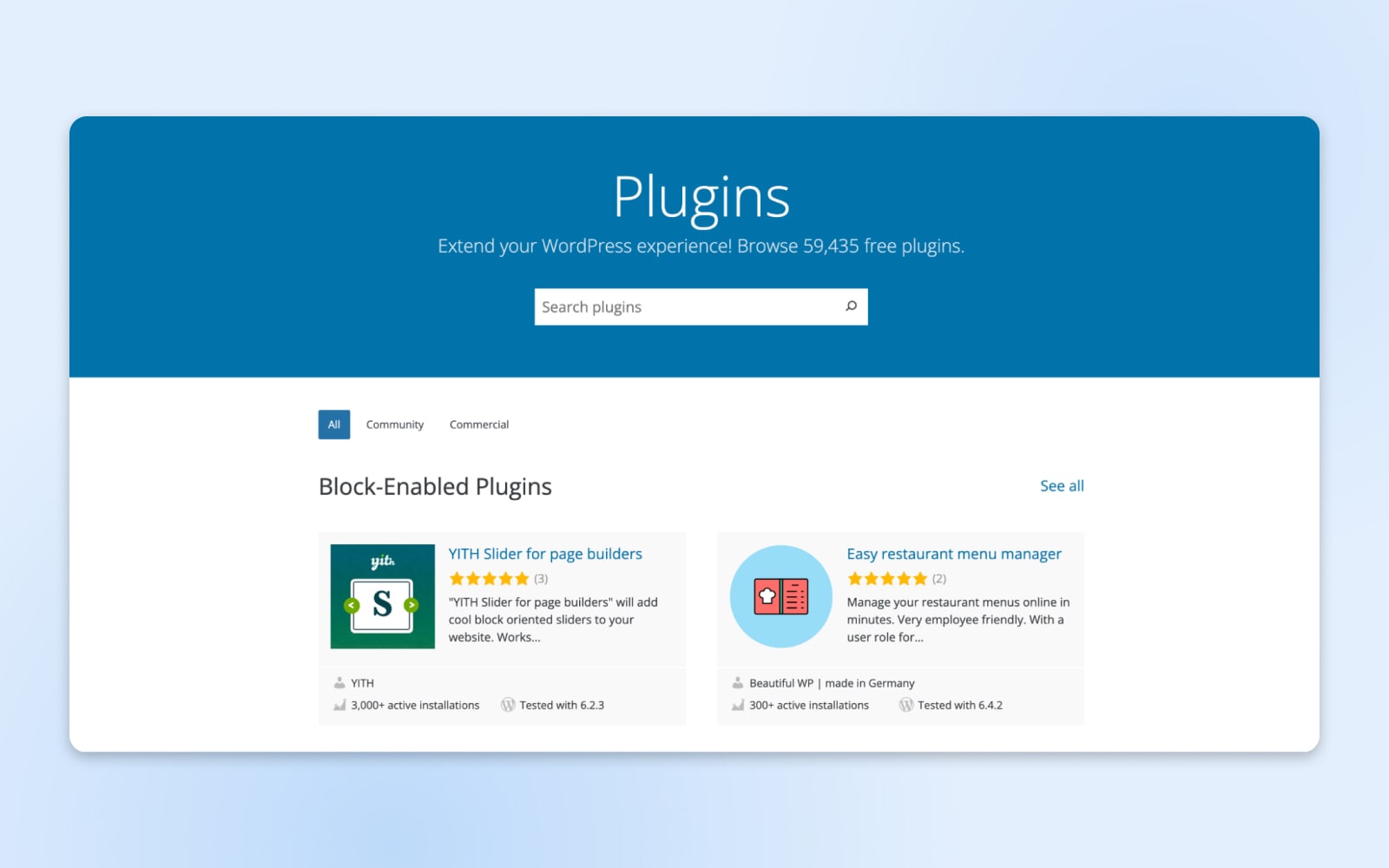 Screenshot von WordPress-Plugins mit YITH Slider für Seitenersteller und Easy Restaurant Menu Manager