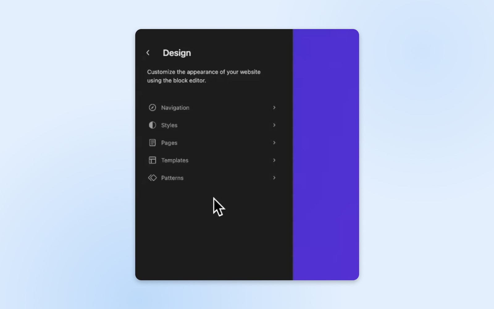 Screenshot einer Designseite mit Anpassungsoptionen für Navigation, Stile, Seiten, Vorlagen und Muster