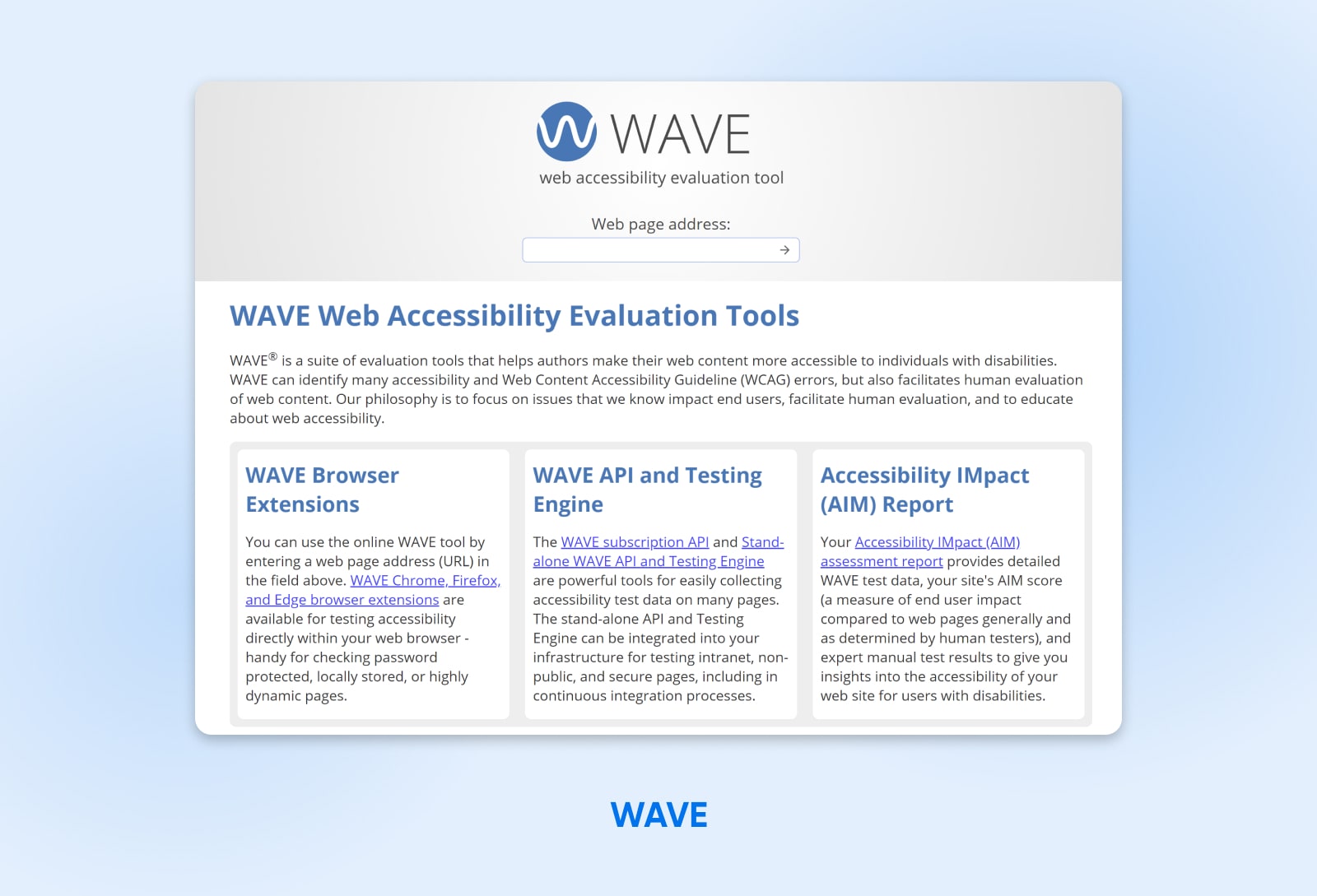 Screenshot der WAVE-Homepage, der verschiedene WAVE-Tools zur Bewertung der Barrierefreiheit im Internet zeigt, auf die zugegriffen werden kann