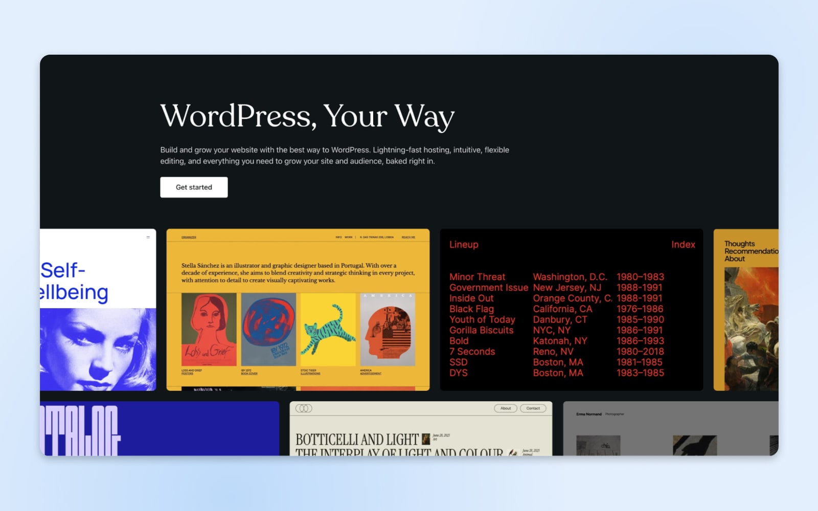 Screenshot „WordPress, Your Way“: Erstellen und erweitern Sie Ihre Website mit dem besten Weg zu WordPress. Blitzschnelles Hosting, intuitive, flexible Bearbeitung und alles, was Sie brauchen, um Ihre Website und Ihr Publikum zu vergrößern, direkt integriert. Legen Sie los.“