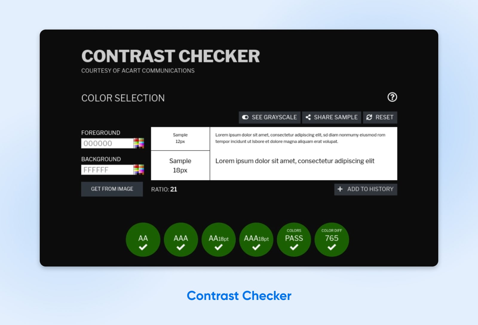 Screenshot des Tools „Contrast Checker“ mit den Dropdown-Optionen zur Farbprüfung