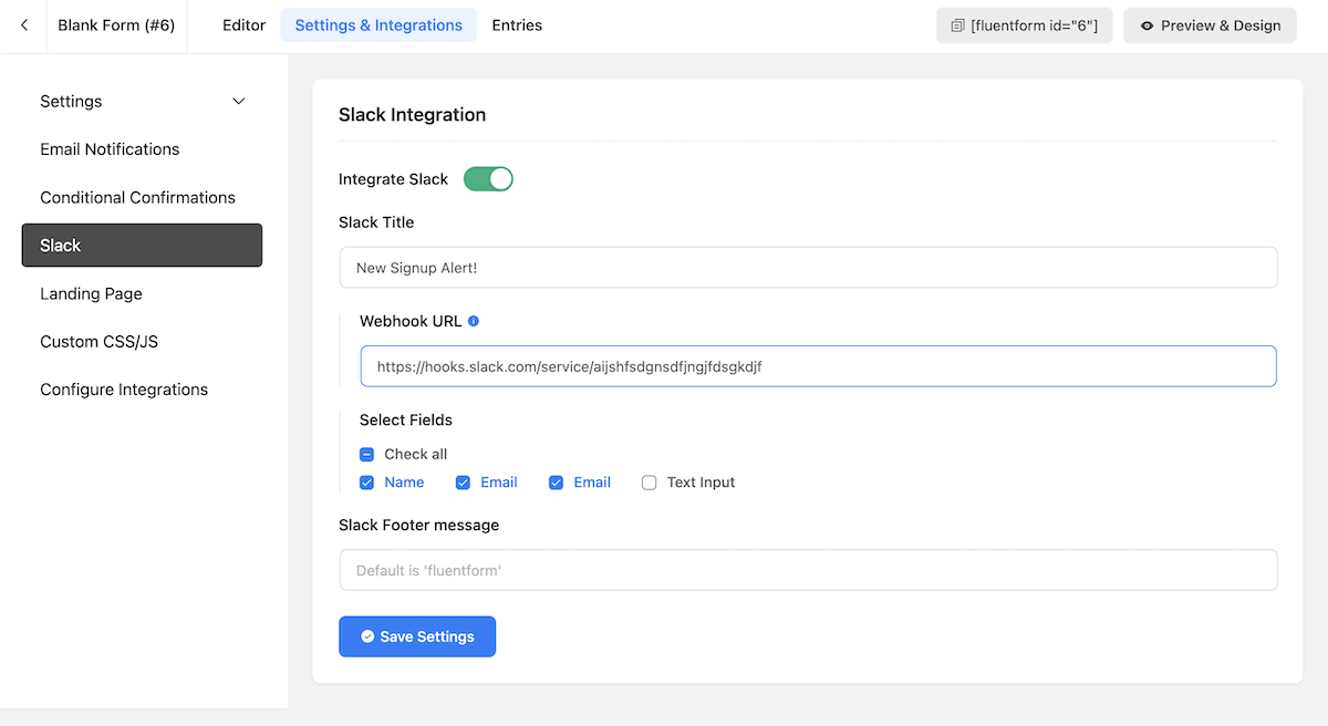Der Slack-Integrationsbildschirm in Fluent Forms.