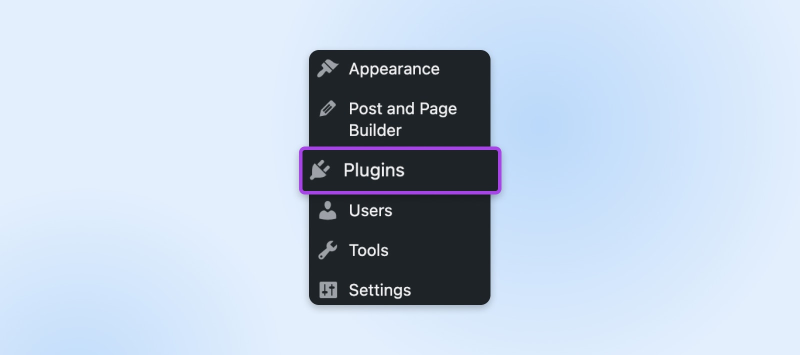 Screenshot, der die Plugins-Option in einem WordPress-Menü zeigt