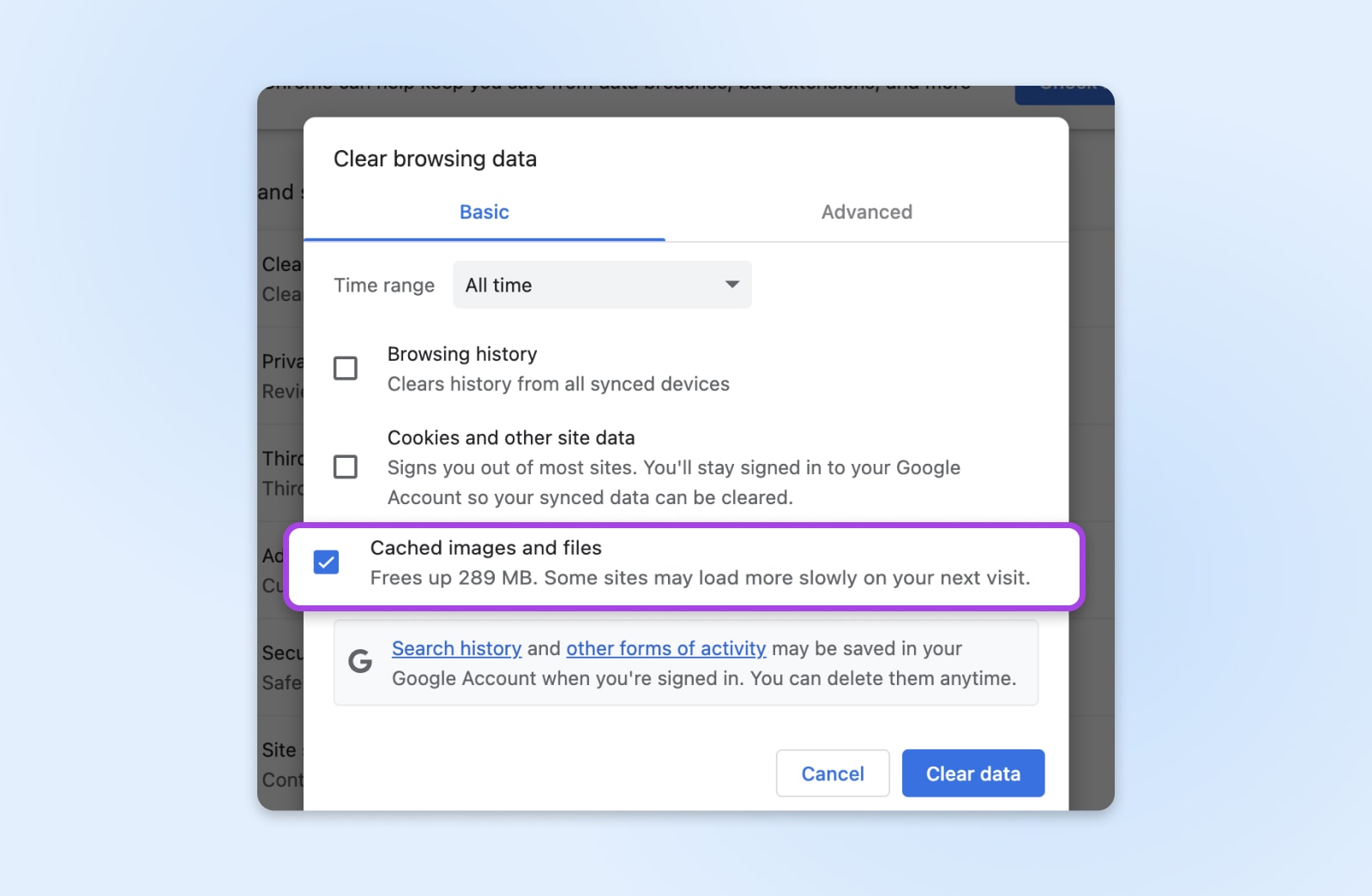 Fenster „Browserdaten löschen“ des Chrome-Browsers mit ausgewähltem Kontrollkästchen „Bilder und Dateien im Cache“.