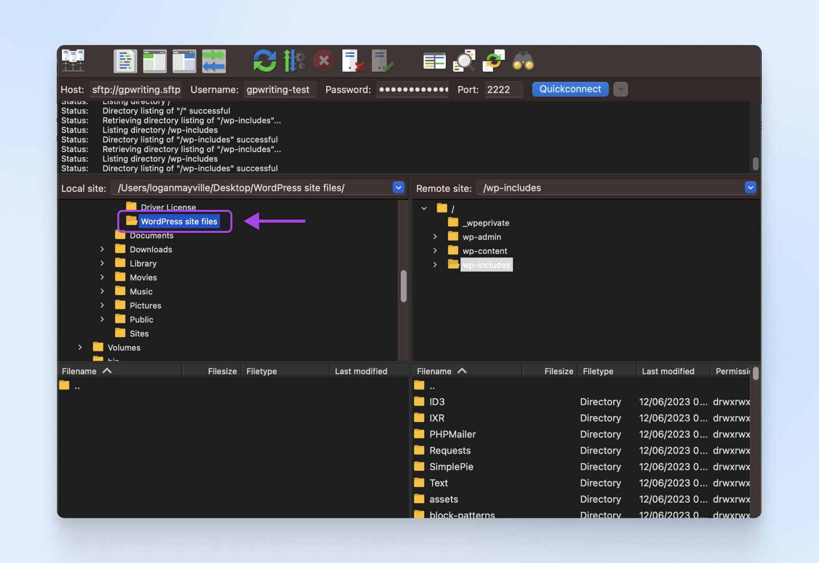 cpane zeigt den Speicherort des WordPress-Site-Dateienordners unter „Lokale Site“ an