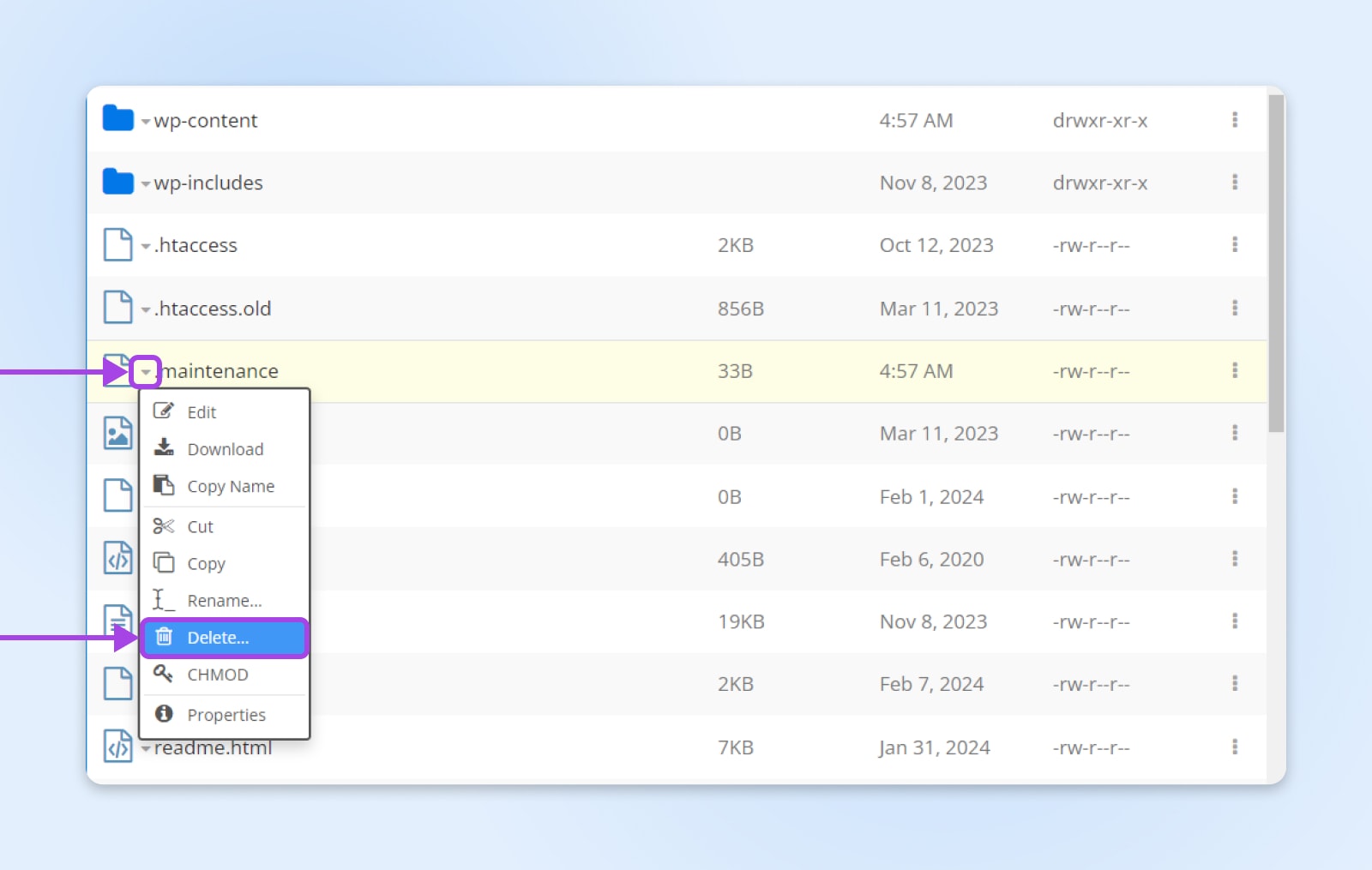 Dropdown-Liste „Einstellungen“ der .maintenance-Datei wird angezeigt