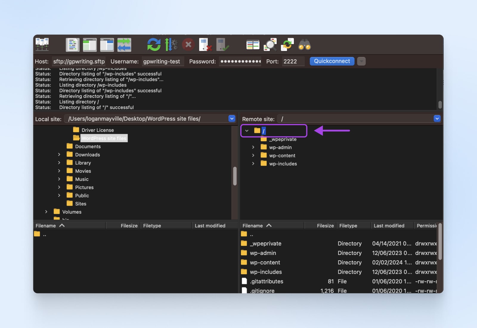 cpanel zeigt den /-Ordner unter der Remote-Site an