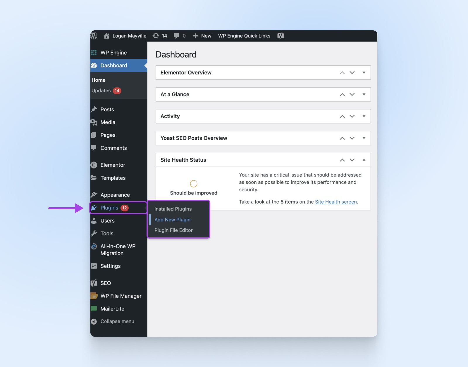 WordPress-Menü auf der linken Seite, das den Speicherort der Plugins anzeigt und ein neues Plugin hinzufügt