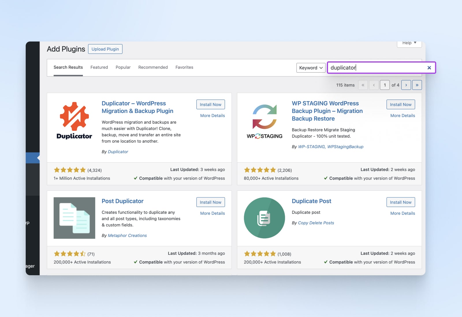 WordPress-Plugin-Menü mit in die Suchleiste eingegebenem Duplikator