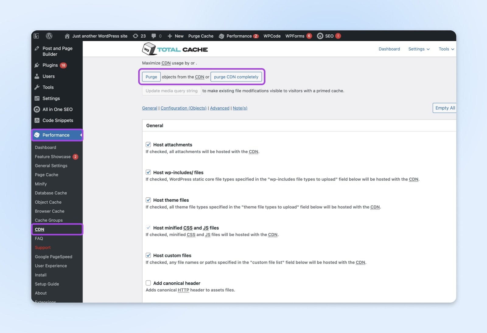 Registerkarte „Leistung“ im WordPress-Dashboard ausgewählt, um CDN-Plugins anzuzeigen.