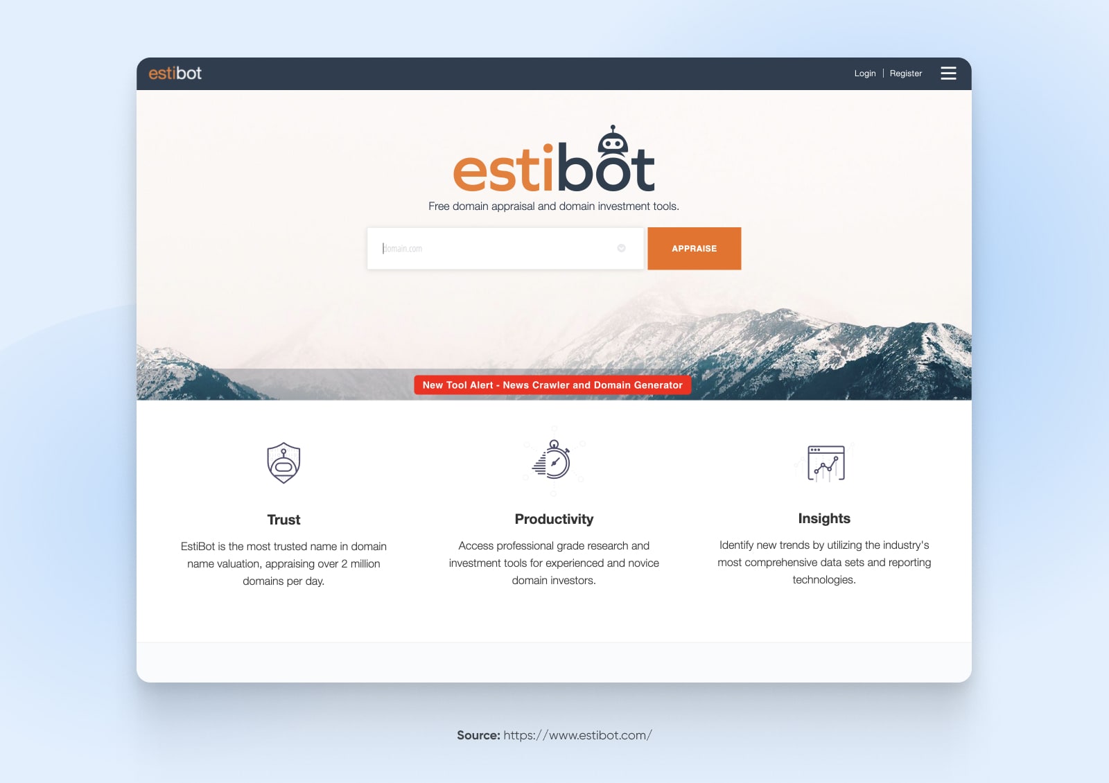 Screenshot der Estibot-Homepage