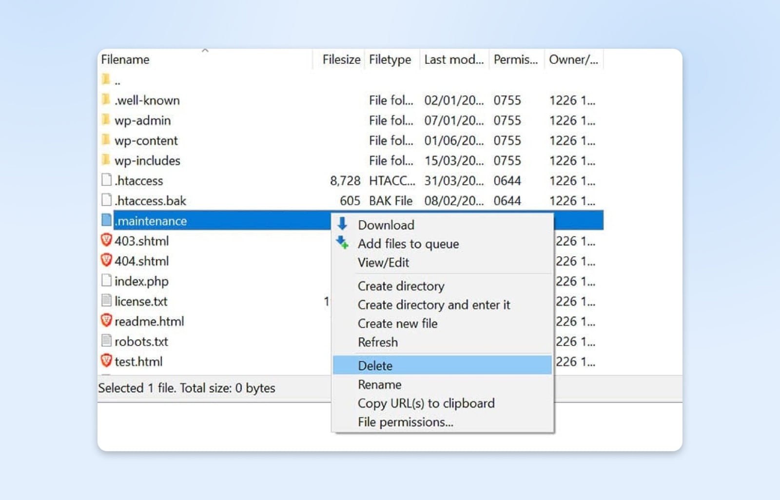 Dropdown-Menü nach Rechtsklick auf die .maintenance-Datei mit hervorgehobenem Cursor