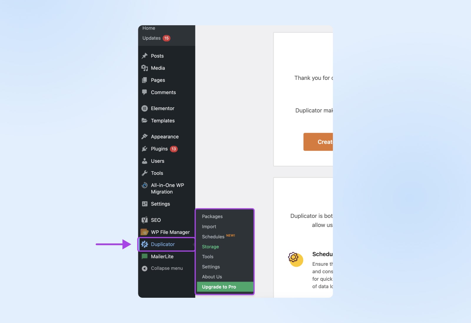 Die Seitenleiste des WordPress-Menüs mit dem Duplikator ist jetzt eine Option im Menü