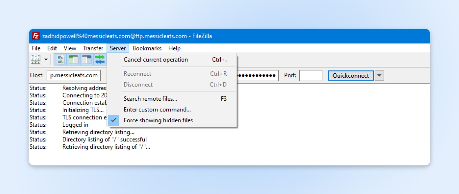 Das Dropdown-Menü von FileZilla nach dem Klicken