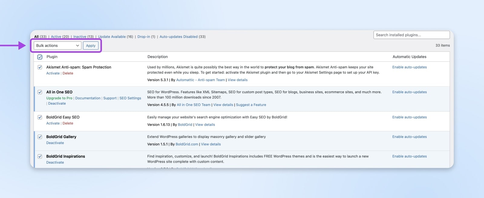 „Massenaktionen“ werden aus dem Dropdown-Menü ausgewählt und über den Optionen für installierte Plugins hervorgehoben.