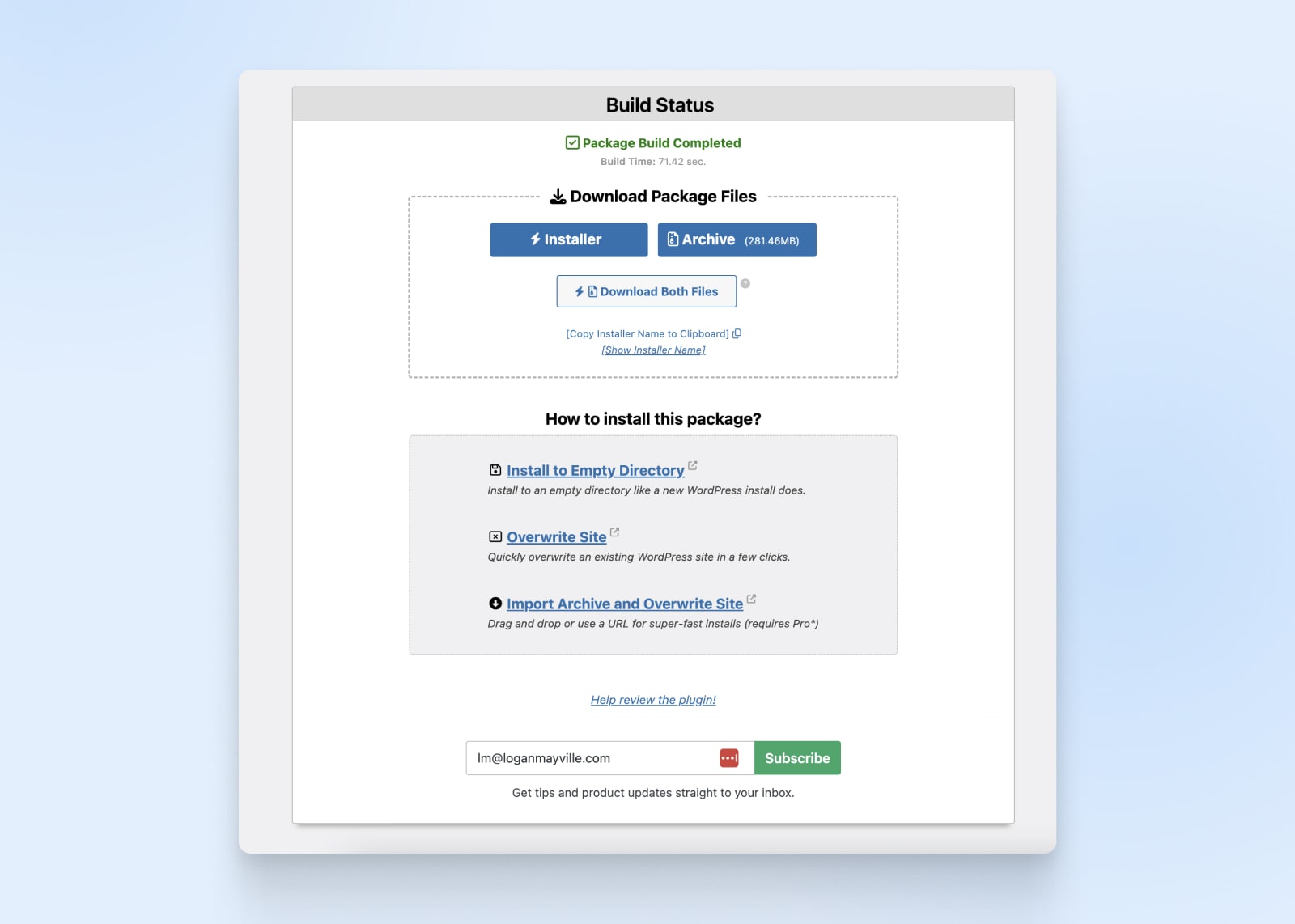 Build-Status: Laden Sie Paketdateien mit den Schaltflächen „Installer“, „Archivieren“ und „Laden Sie beide Dateien herunter“ herunter
