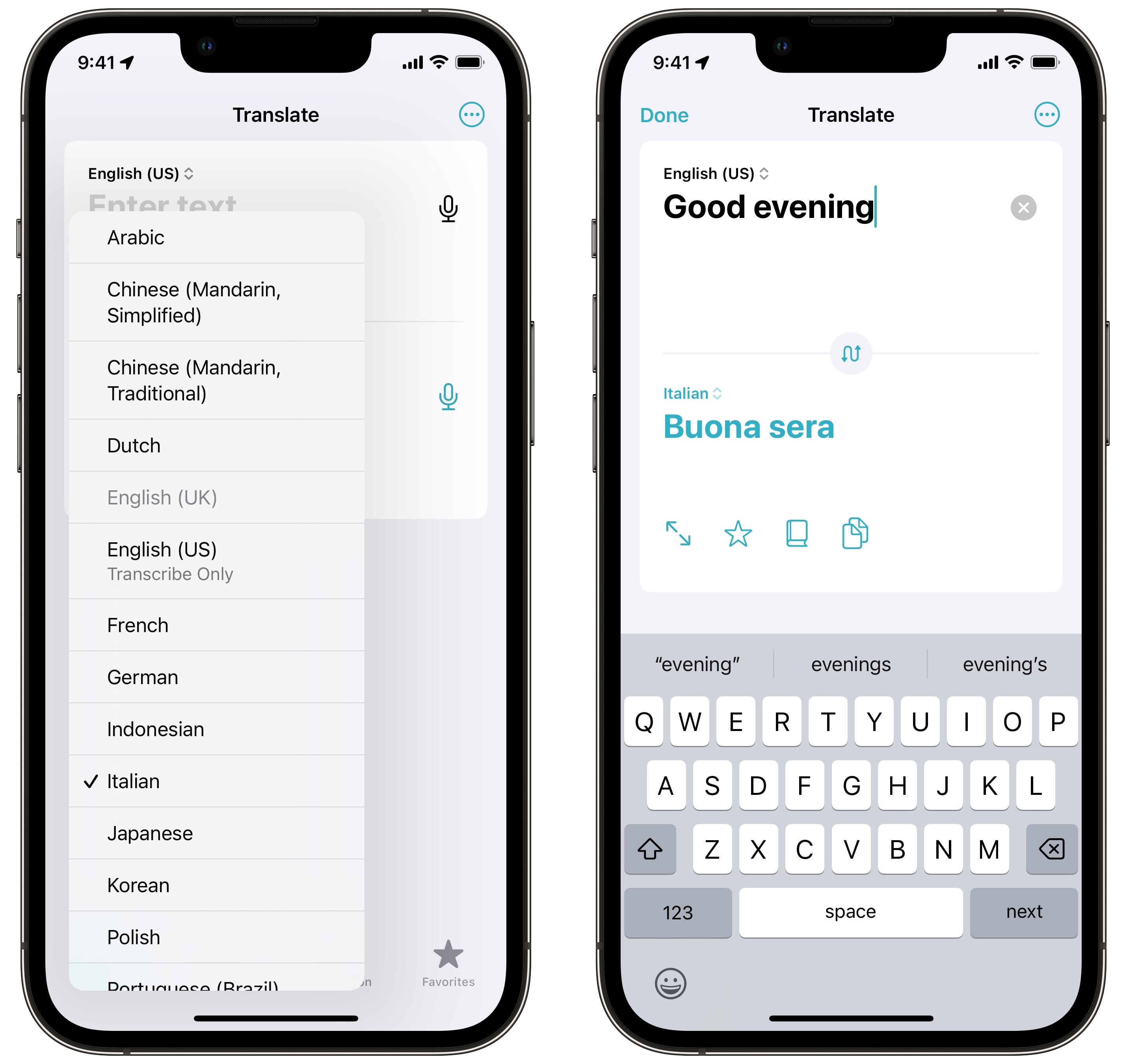 Konversationsansicht übersetzen Die Übersetzer-App übersetzt „Guten Abend“ in „Buona sera“