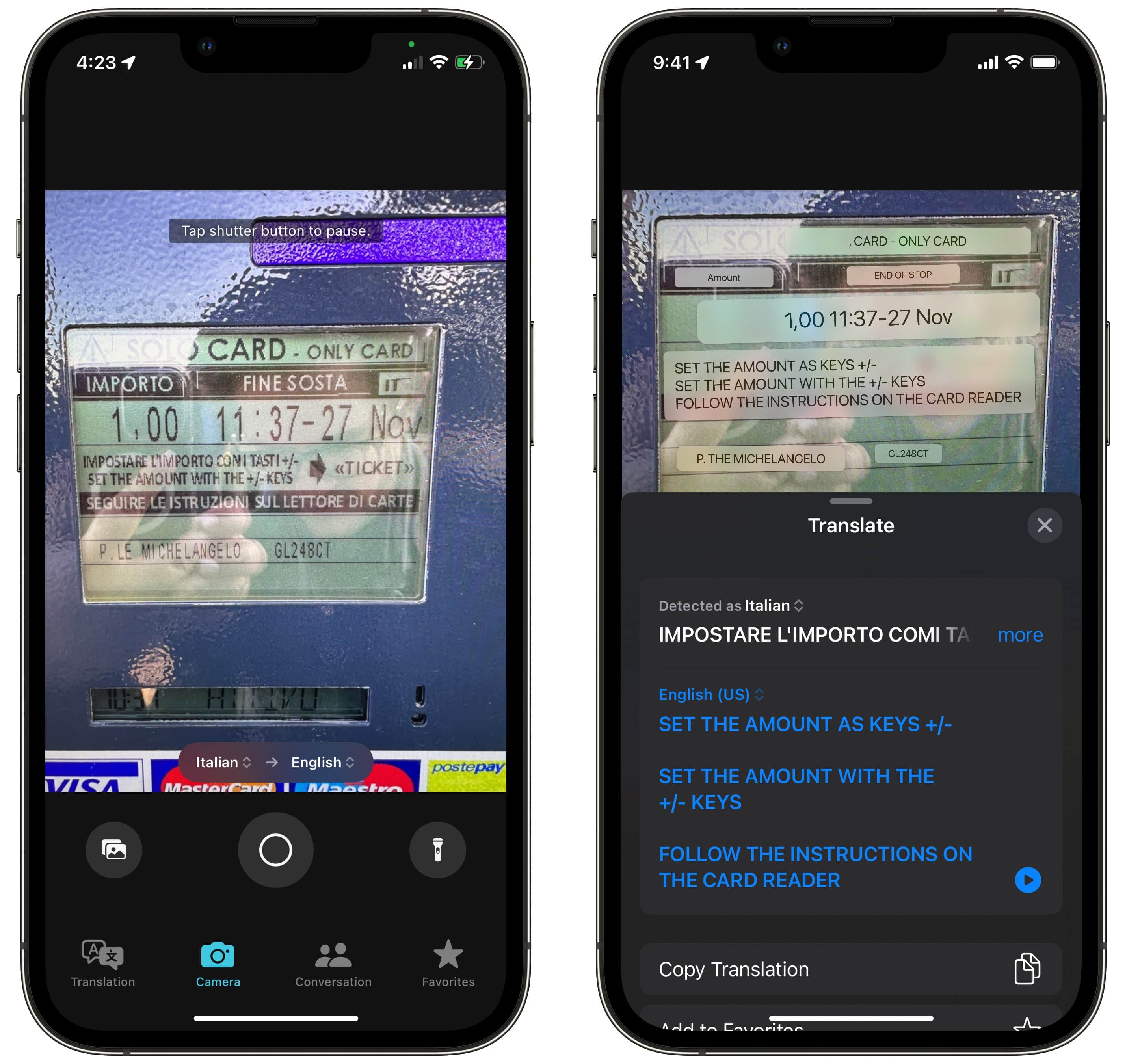 Konversationsansicht übersetzen Übersetzen Sie die App-Kamera und übersetzen Sie eine Parkuhr