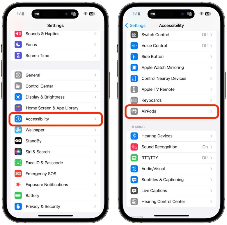 Verwenden Sie AirPods_als Hörgeräte 1 Beginnen Sie in der App „Einstellungen“ unter „Barrierefreiheit“.